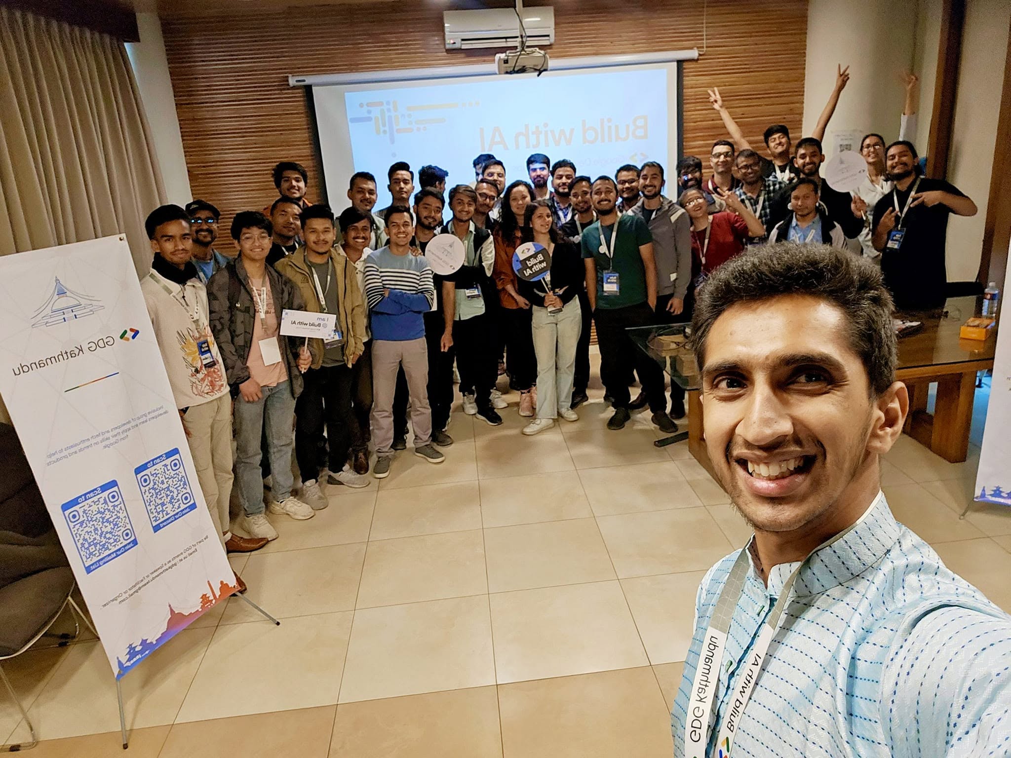 Bishworaj Poudel with participants at the Build with AI event he hosted with GDG Kathmandu