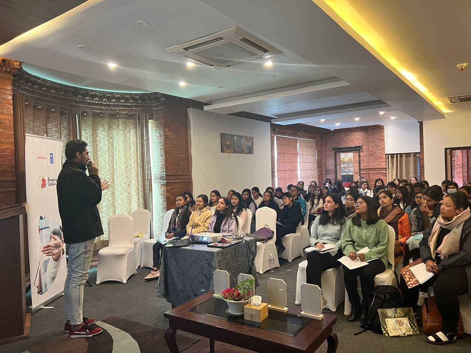 Bishworaj Poudel speaking at the IT career program Breaking Out of the Cocoon supported by SHEQUAL and UNDP